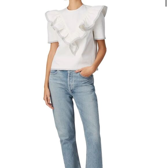 Saylor White Denim Ruffle Front Top Harriette Size Large Nautical Girly - Picture 3 of 8